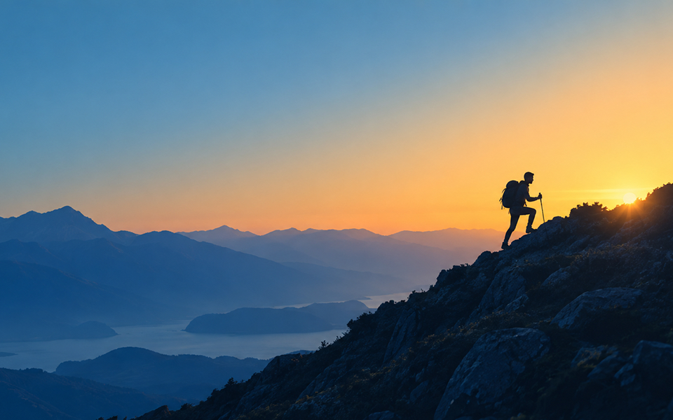 山を登る登山者の姿。後ろには夕日。